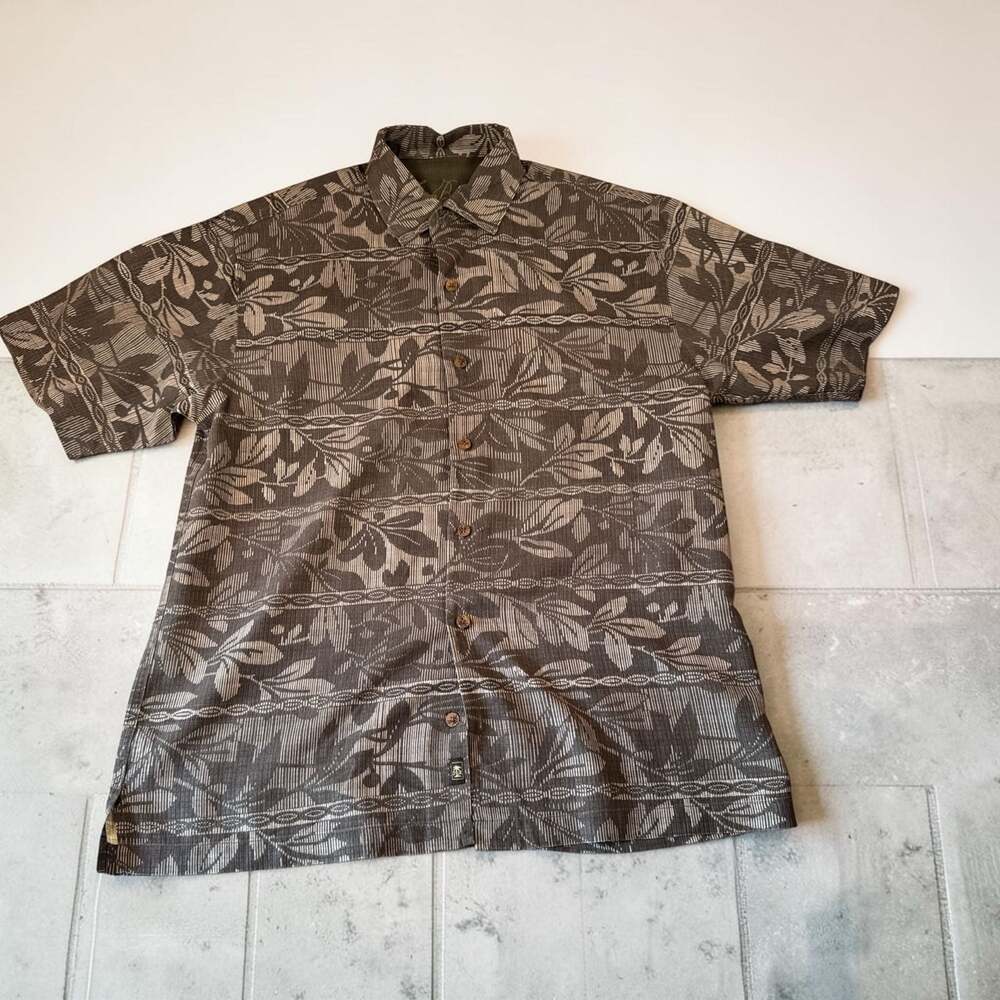 Tommy Bahama Men's Charcoal Grey Floral Pattern 100% Silk Short Sleeve Button Up